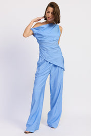 Blue Striped Loose Pants With Waist Drawstring