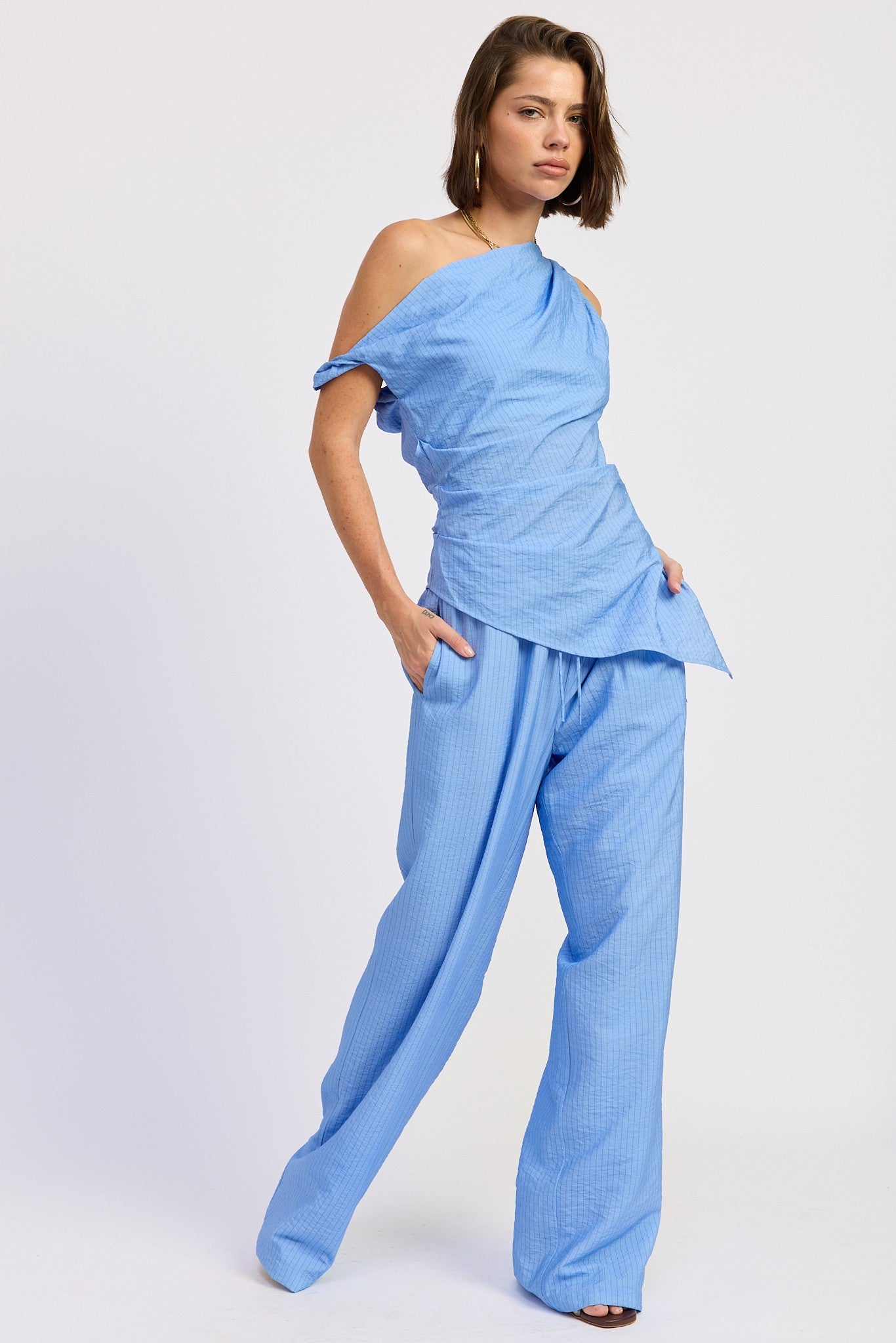 Blue Striped Loose Pants With Waist Drawstring