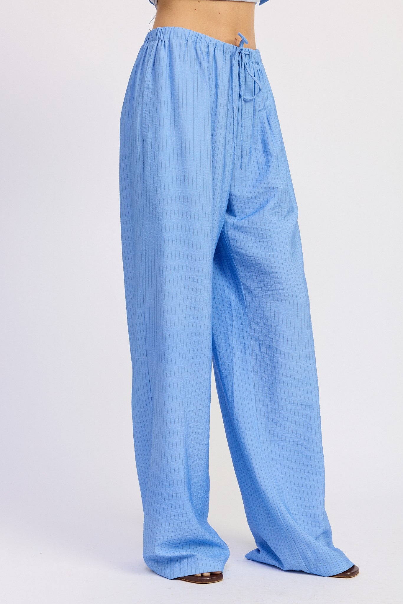 Blue Striped Loose Pants With Waist Drawstring