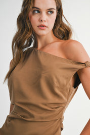 Sleeveless One Shoulder Gathered Mini Dress