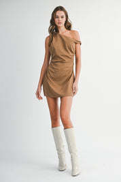 Sleeveless One Shoulder Gathered Mini Dress