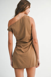 Sleeveless One Shoulder Gathered Mini Dress