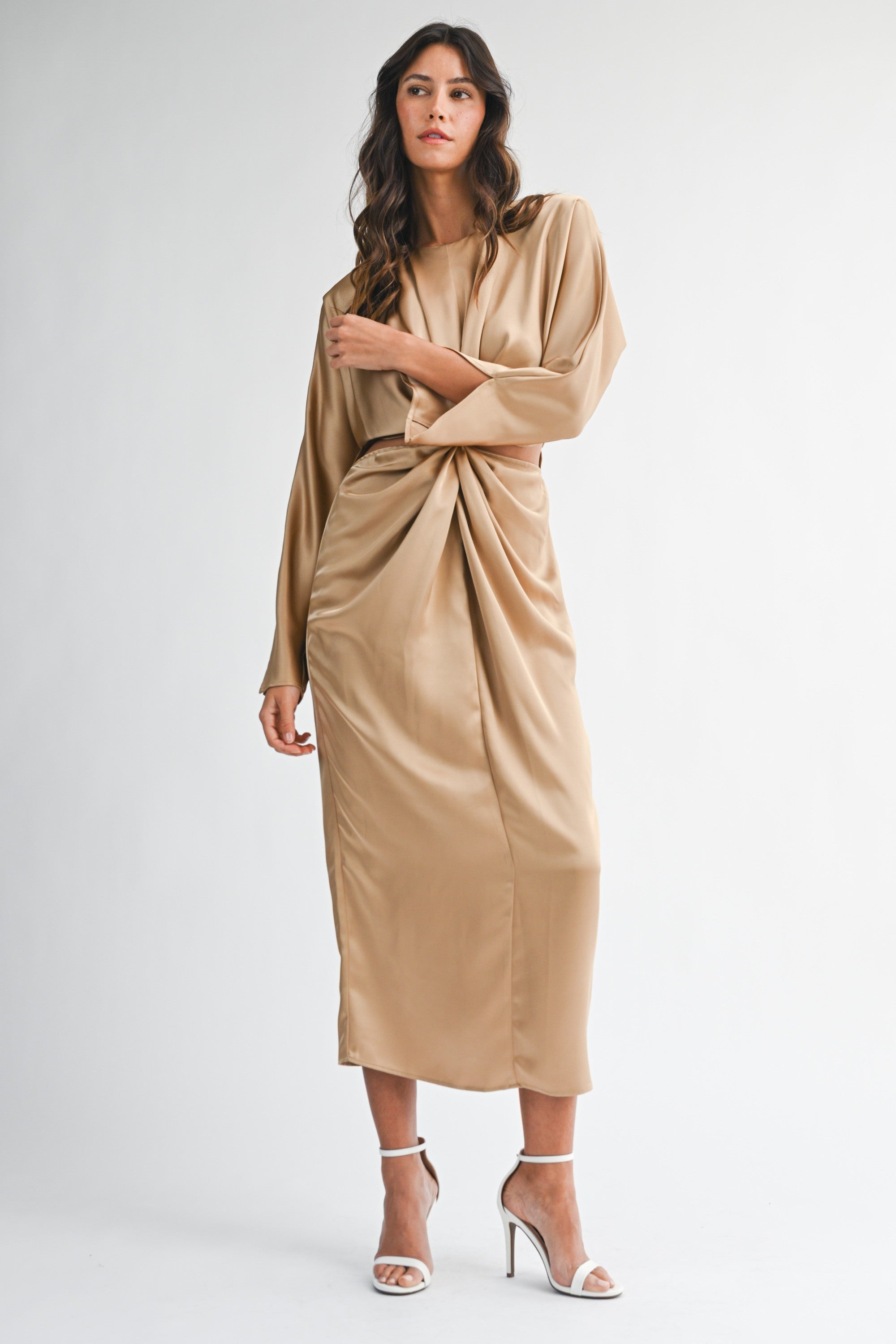Satin Dolman Sleeve Front Twist Detail Midi Dress