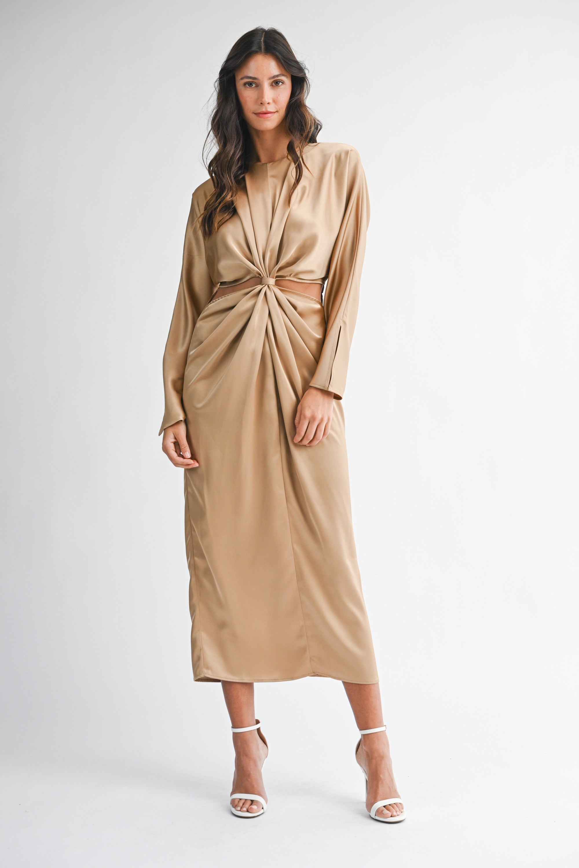 Satin Dolman Sleeve Front Twist Detail Midi Dress