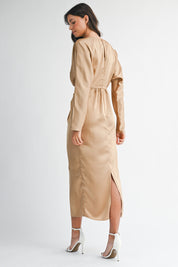 Satin Dolman Sleeve Front Twist Detail Midi Dress