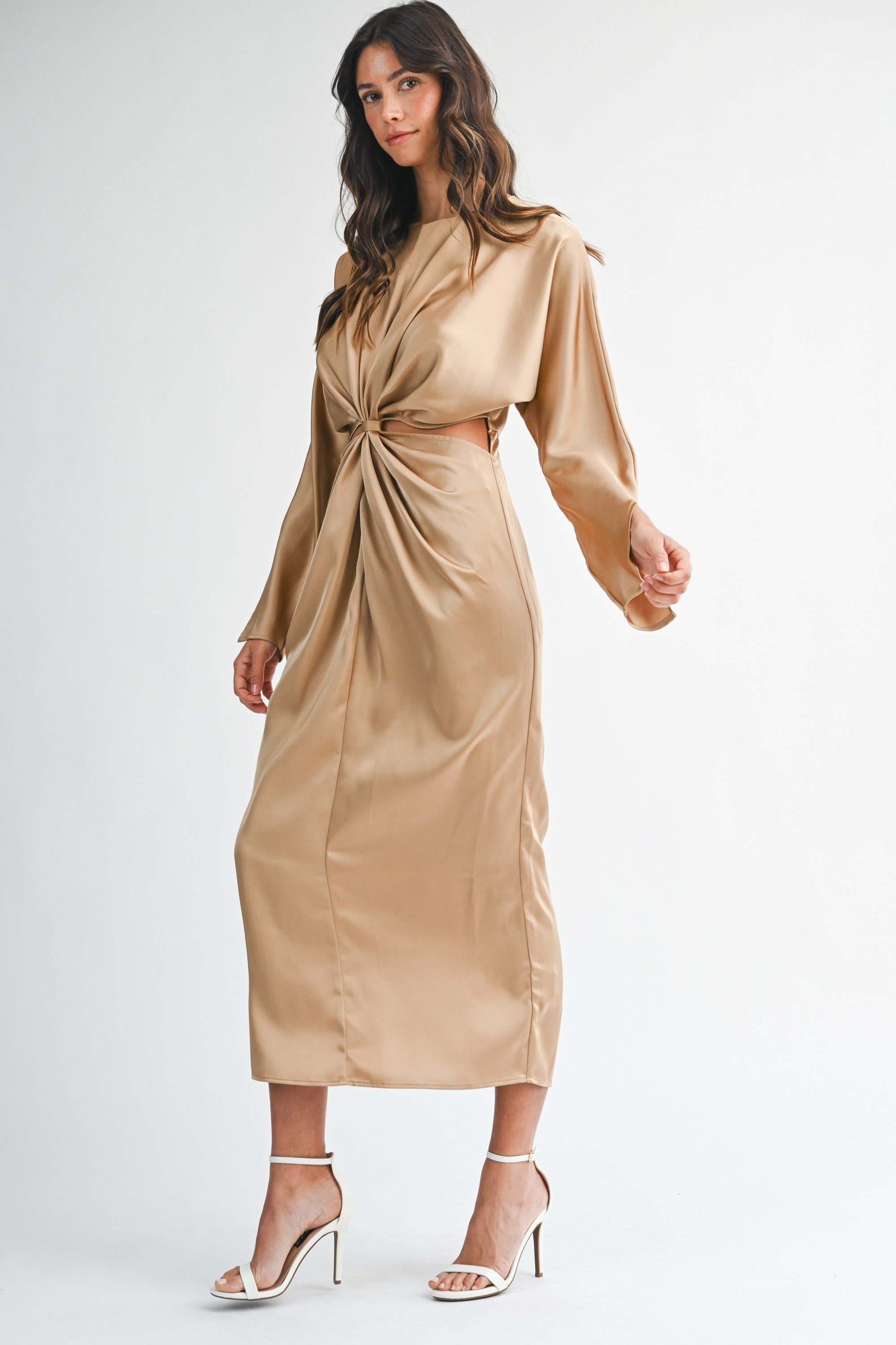Satin Dolman Sleeve Front Twist Detail Midi Dress