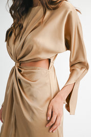 Satin Dolman Sleeve Front Twist Detail Midi Dress