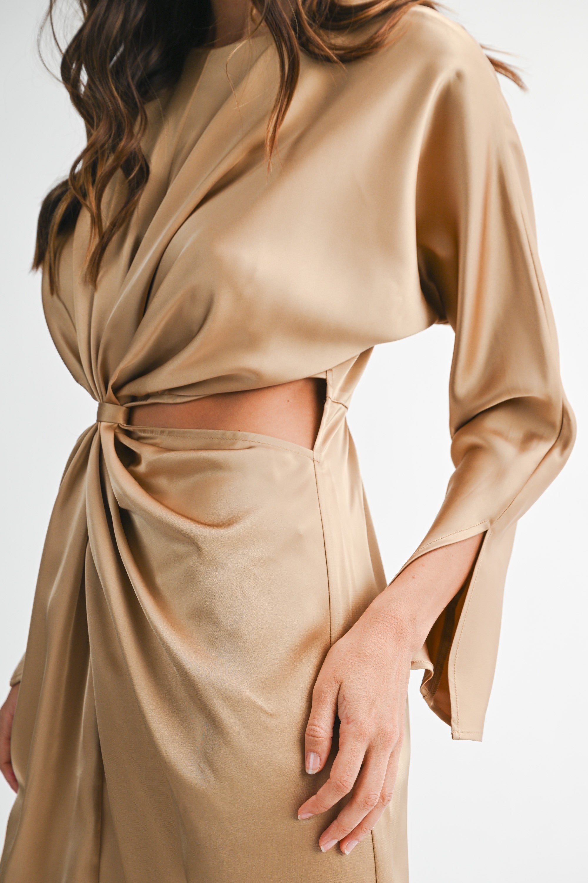 Satin Dolman Sleeve Front Twist Detail Midi Dress