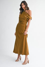 Satin One Shoulder Draped Maxi Dress