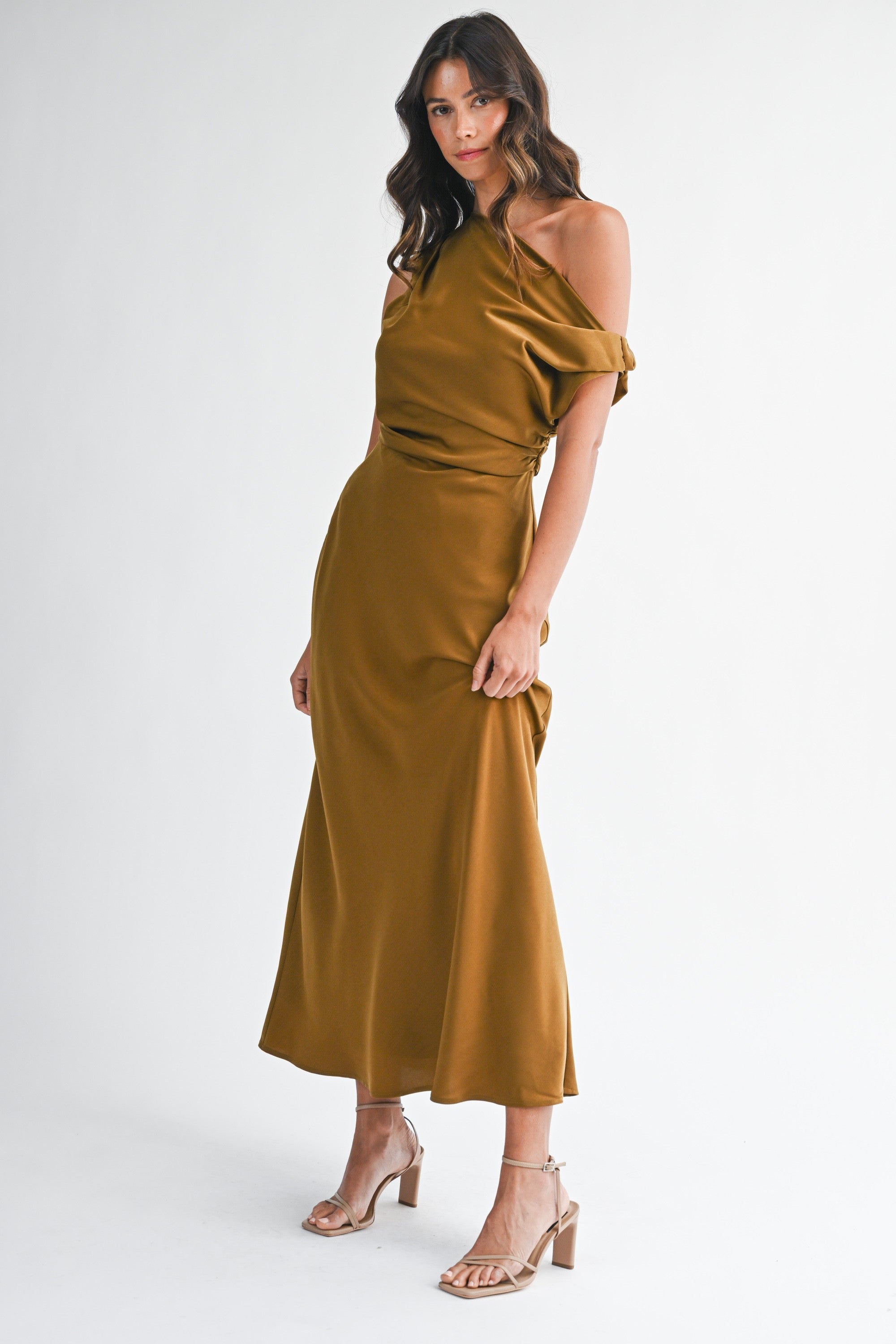 Satin One Shoulder Draped Maxi Dress