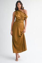 Satin One Shoulder Draped Maxi Dress