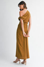 Satin One Shoulder Draped Maxi Dress