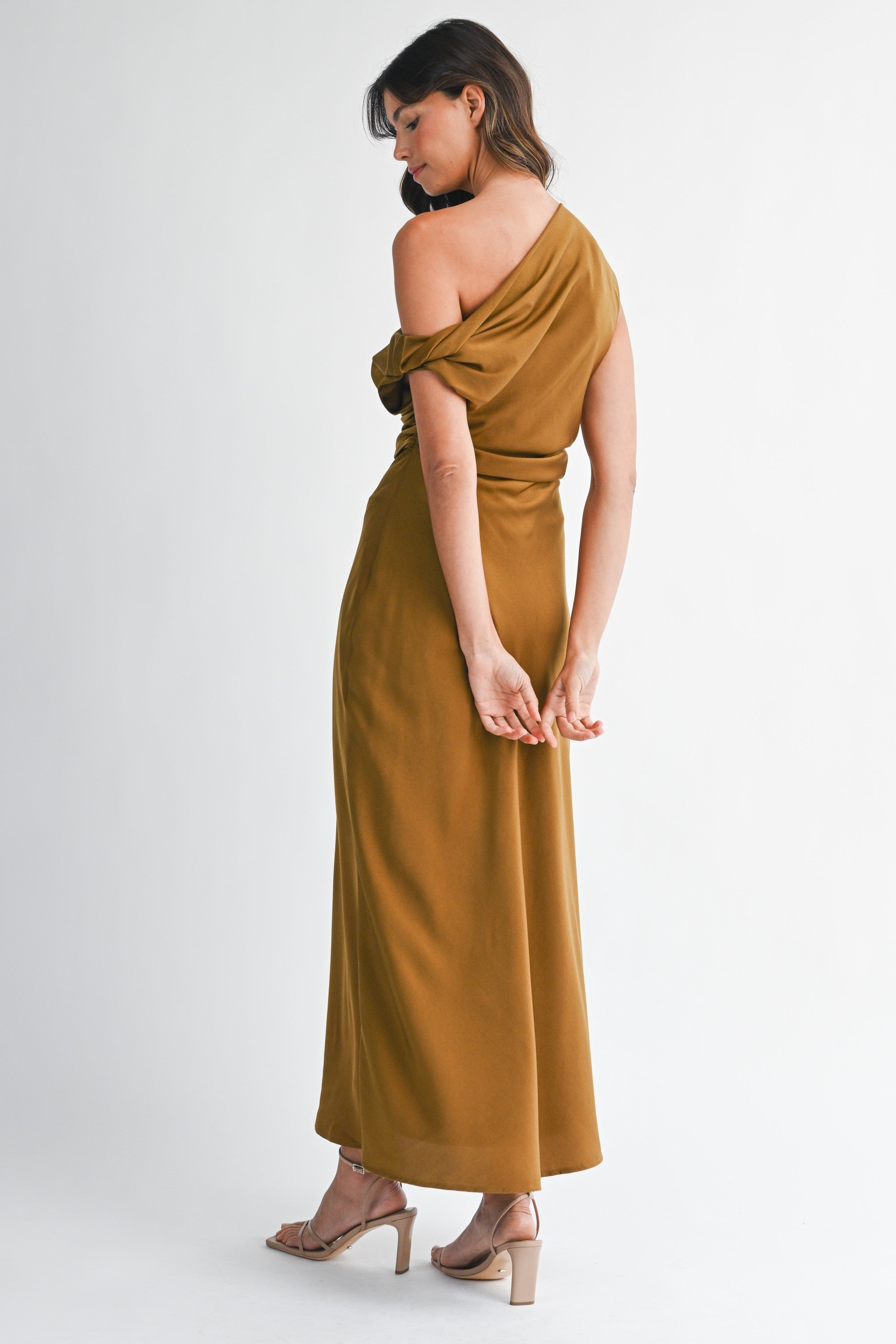 Satin One Shoulder Draped Maxi Dress