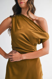 Satin One Shoulder Draped Maxi Dress