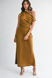 Satin One Shoulder Draped Maxi Dress