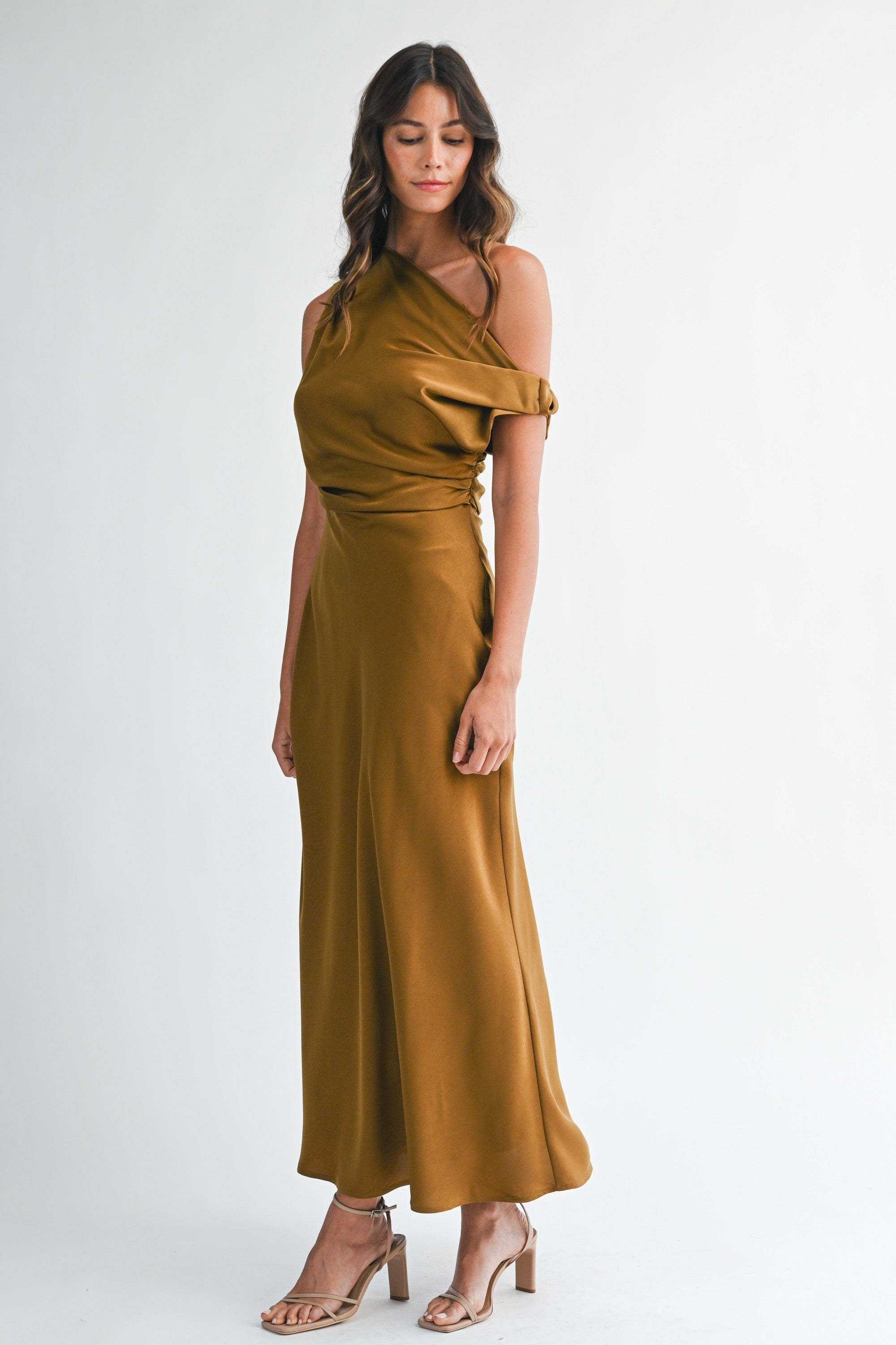 Satin One Shoulder Draped Maxi Dress