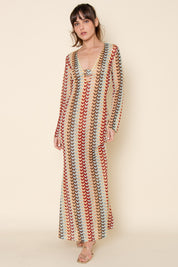 Resort Beach Crochet Long Sleeve V Neck Maxi Dress