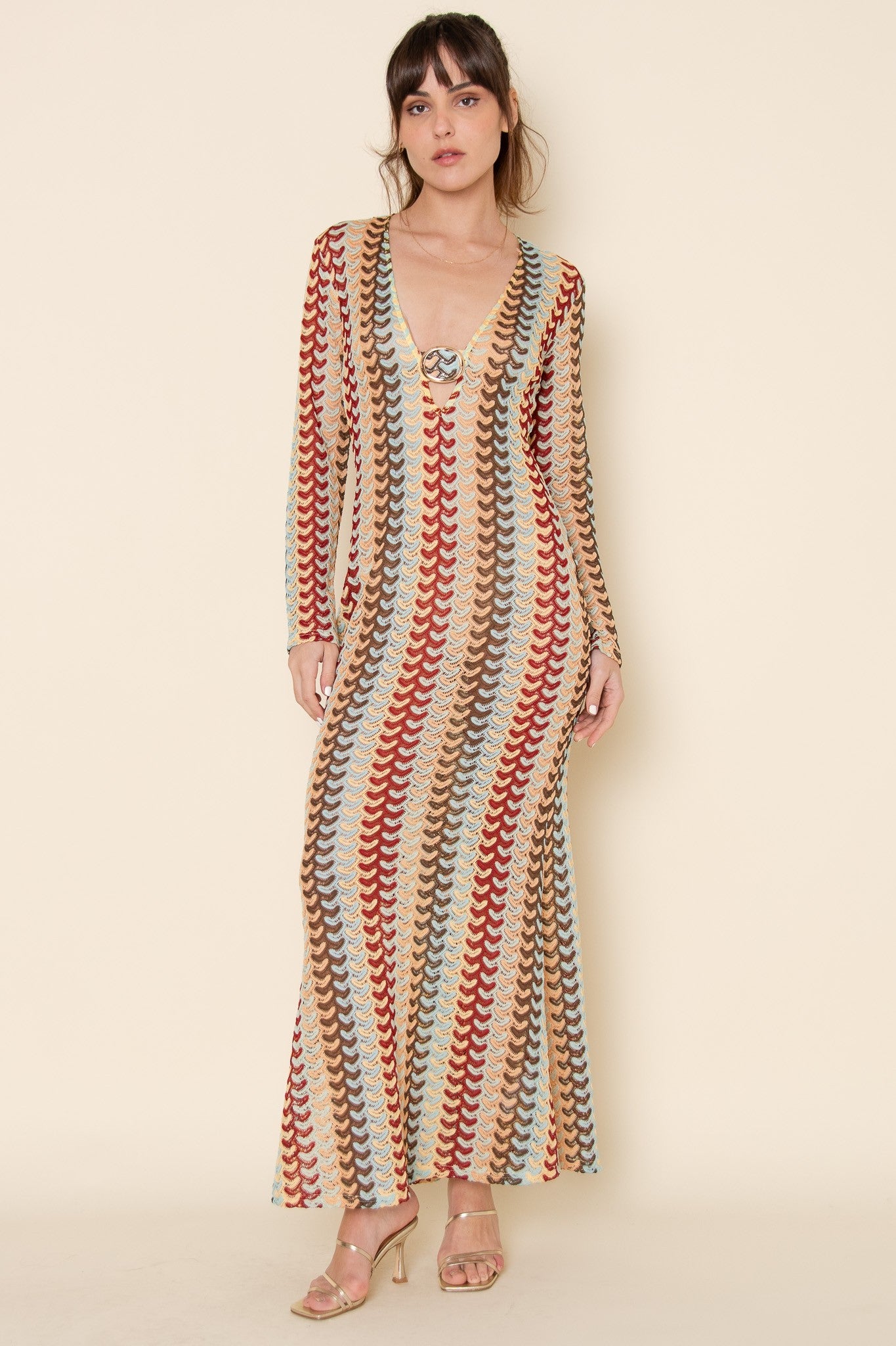 Resort Beach Crochet Long Sleeve V Neck Maxi Dress