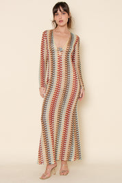 Resort Beach Crochet Long Sleeve V Neck Maxi Dress