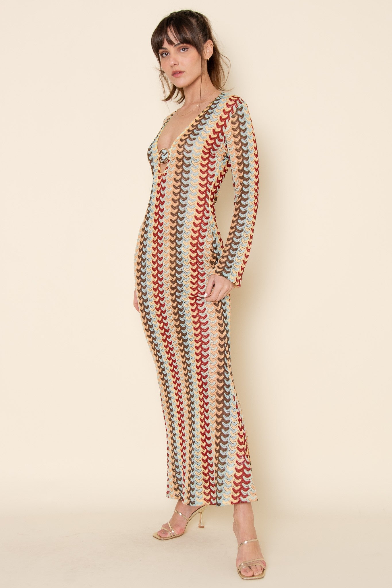 Resort Beach Crochet Long Sleeve V Neck Maxi Dress