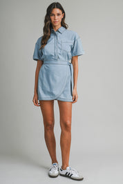 Denim Short Sleeve Collar Wrap-style Mini Dress