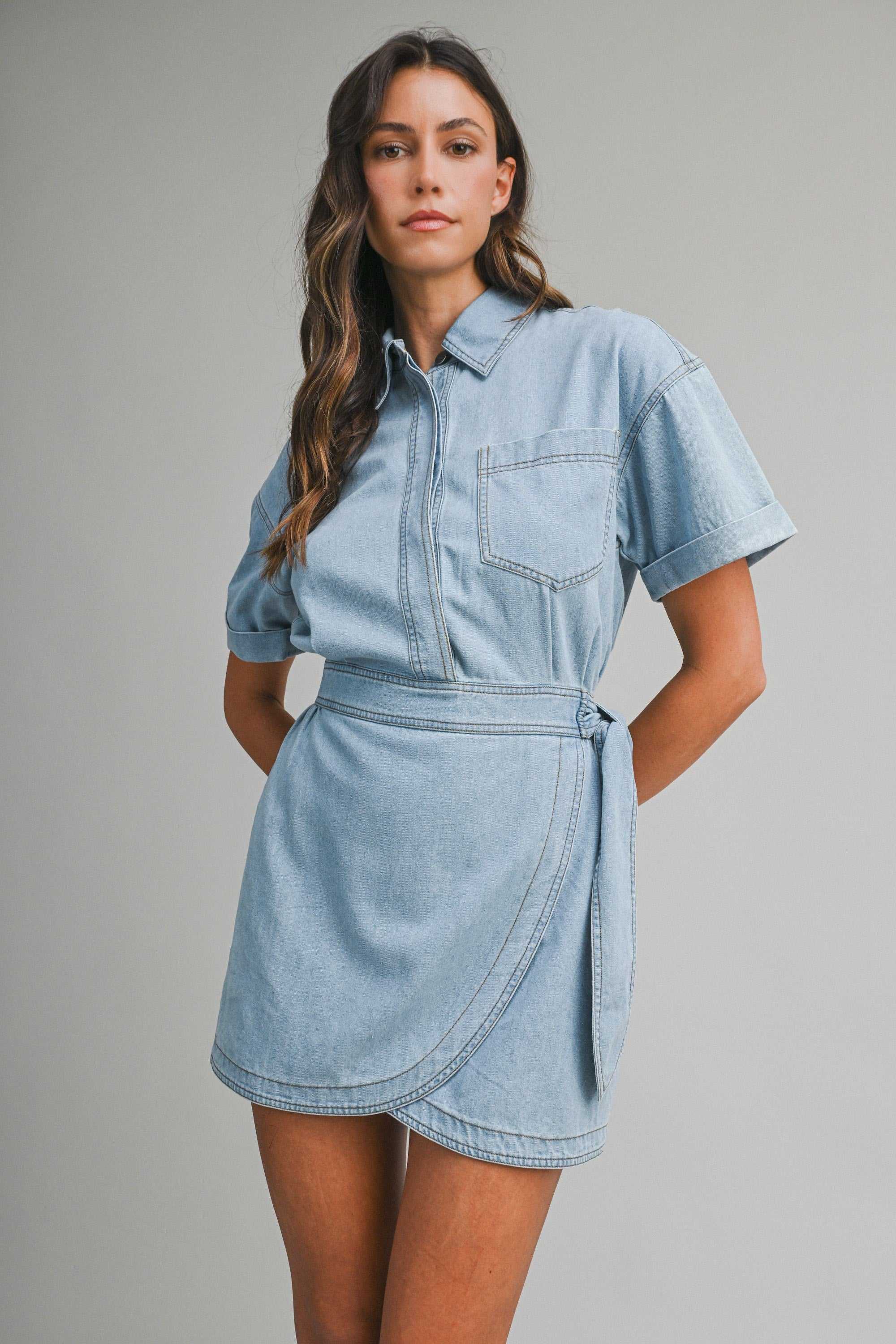 Denim Short Sleeve Collar Wrap-style Mini Dress