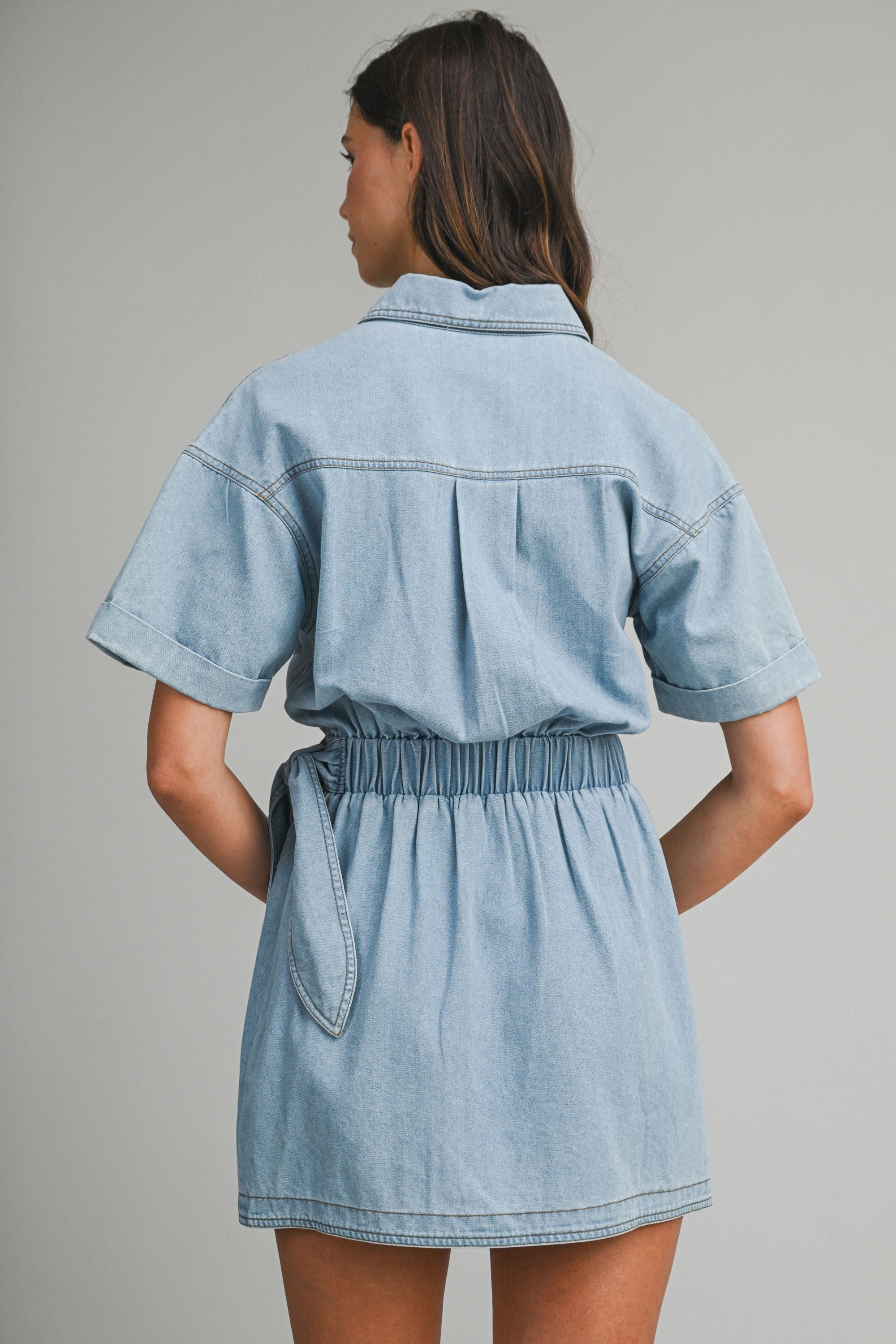 Denim Short Sleeve Collar Wrap-style Mini Dress