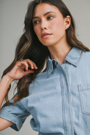 Denim Short Sleeve Collar Wrap-style Mini Dress