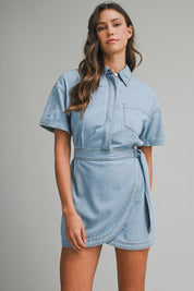 Denim Short Sleeve Collar Wrap-style Mini Dress