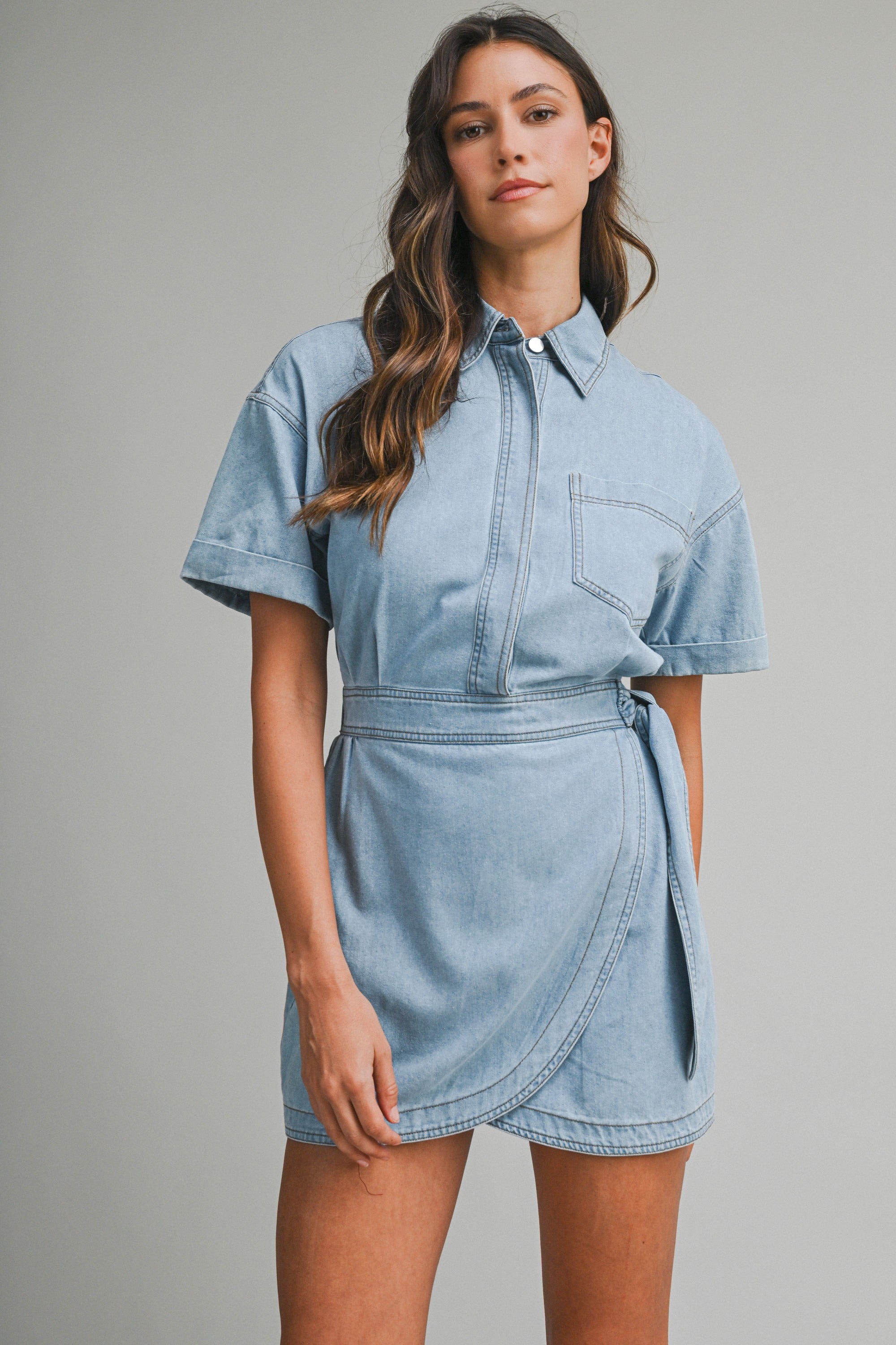 Denim Short Sleeve Collar Wrap-style Mini Dress