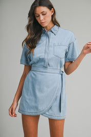 Denim Short Sleeve Collar Wrap-style Mini Dress