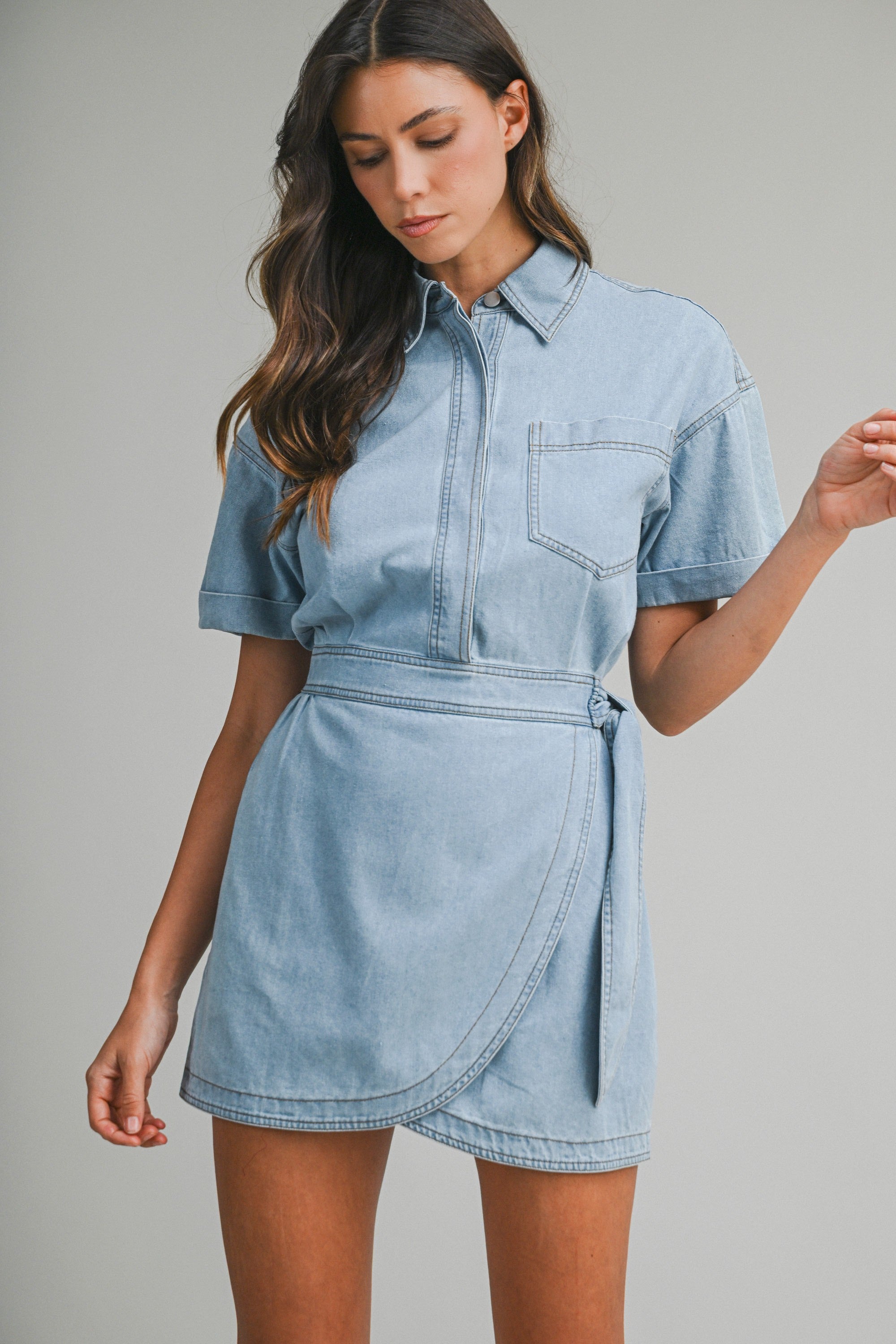 Denim Short Sleeve Collar Wrap-style Mini Dress
