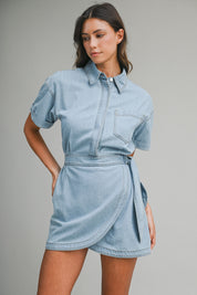 Denim Short Sleeve Collar Wrap-style Mini Dress