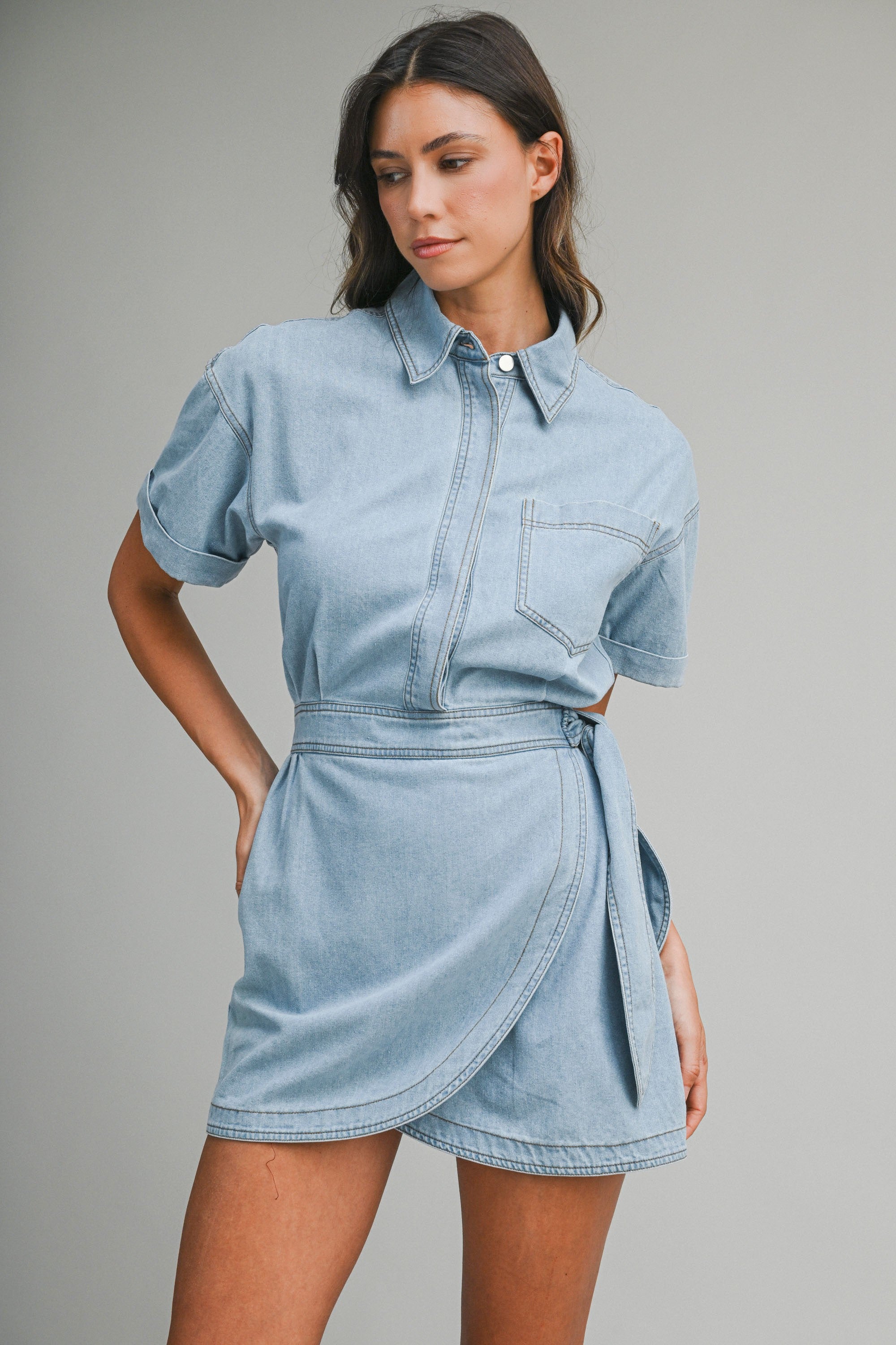 Denim Short Sleeve Collar Wrap-style Mini Dress