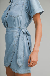 Denim Short Sleeve Collar Wrap-style Mini Dress