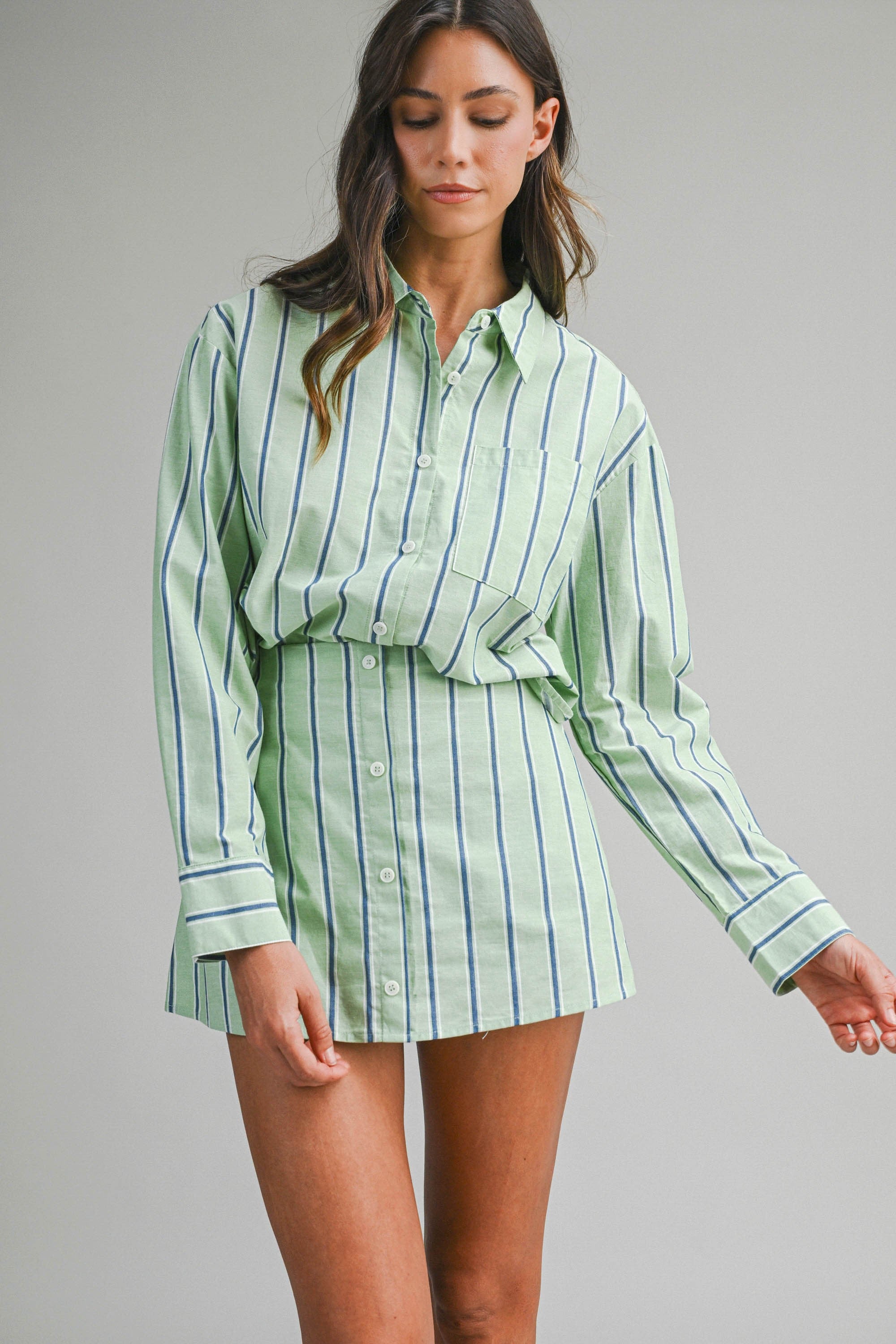 Pin Stripe Shirts And Skirt With Shorts Lining Set