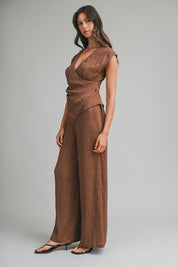 Textured Fabric V Neck Top And Pants Set