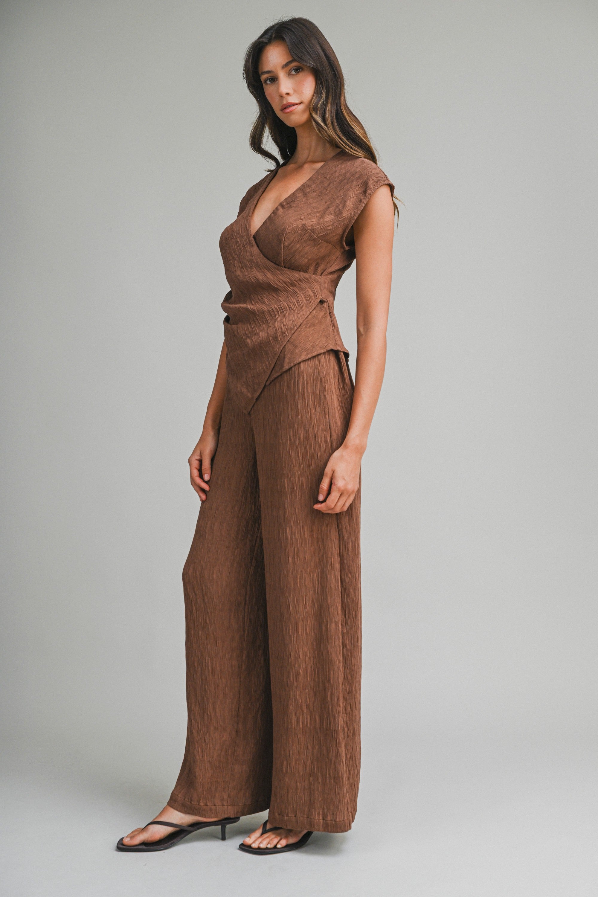 Textured Fabric V Neck Top And Pants Set