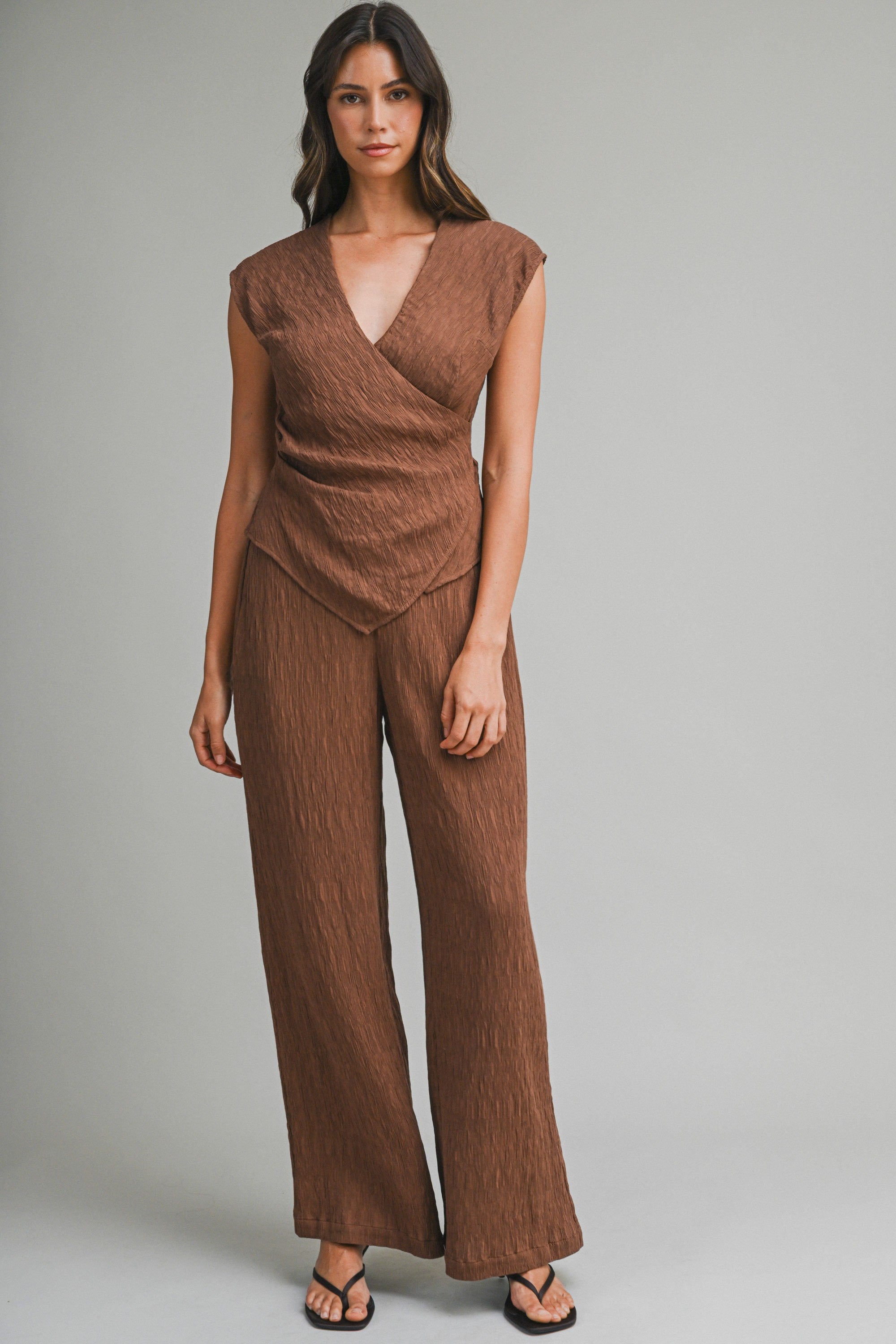 Textured Fabric V Neck Top And Pants Set