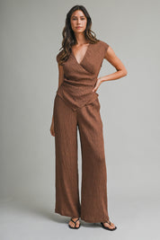 Textured Fabric V Neck Top And Pants Set