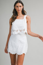 Embroidered Sleeveless Crop Top And Mini Skirt Set