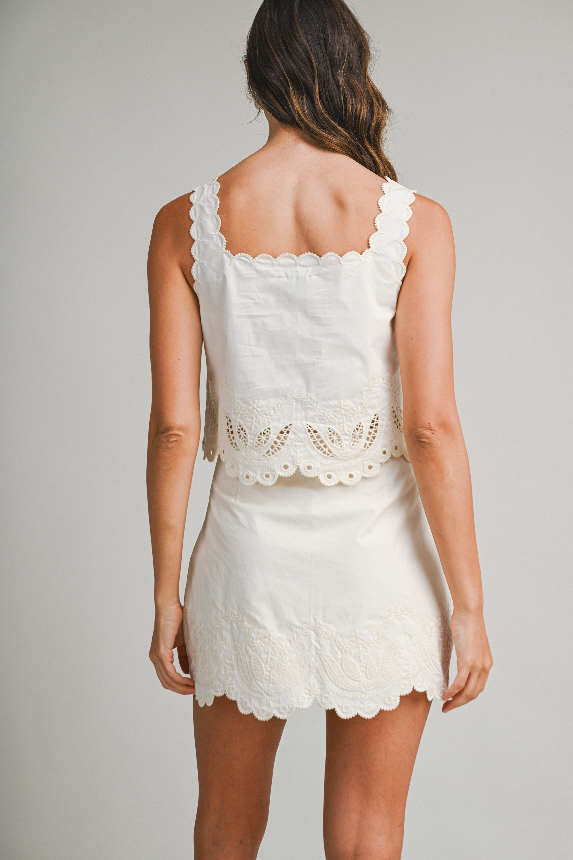 Embroidered Sleeveless Crop Top And Mini Skirt Set