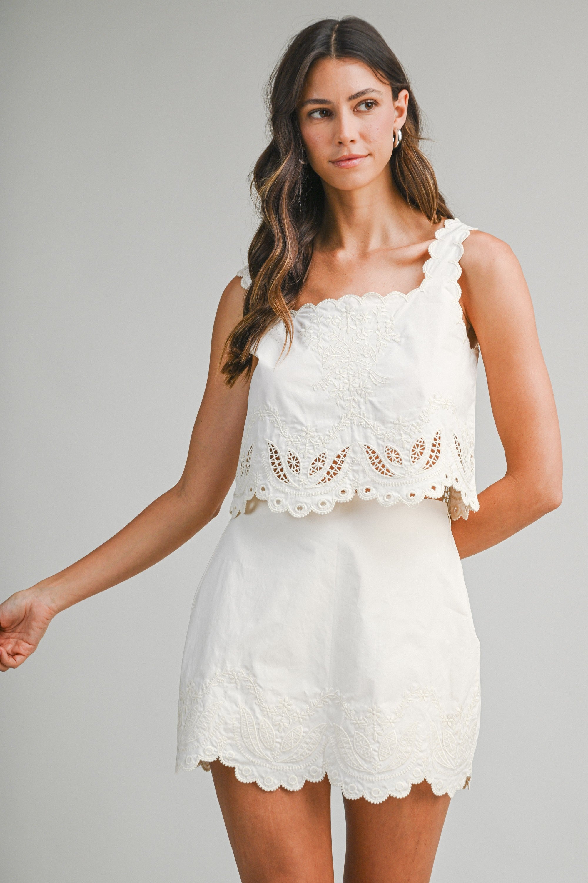 Embroidered Sleeveless Crop Top And Mini Skirt Set