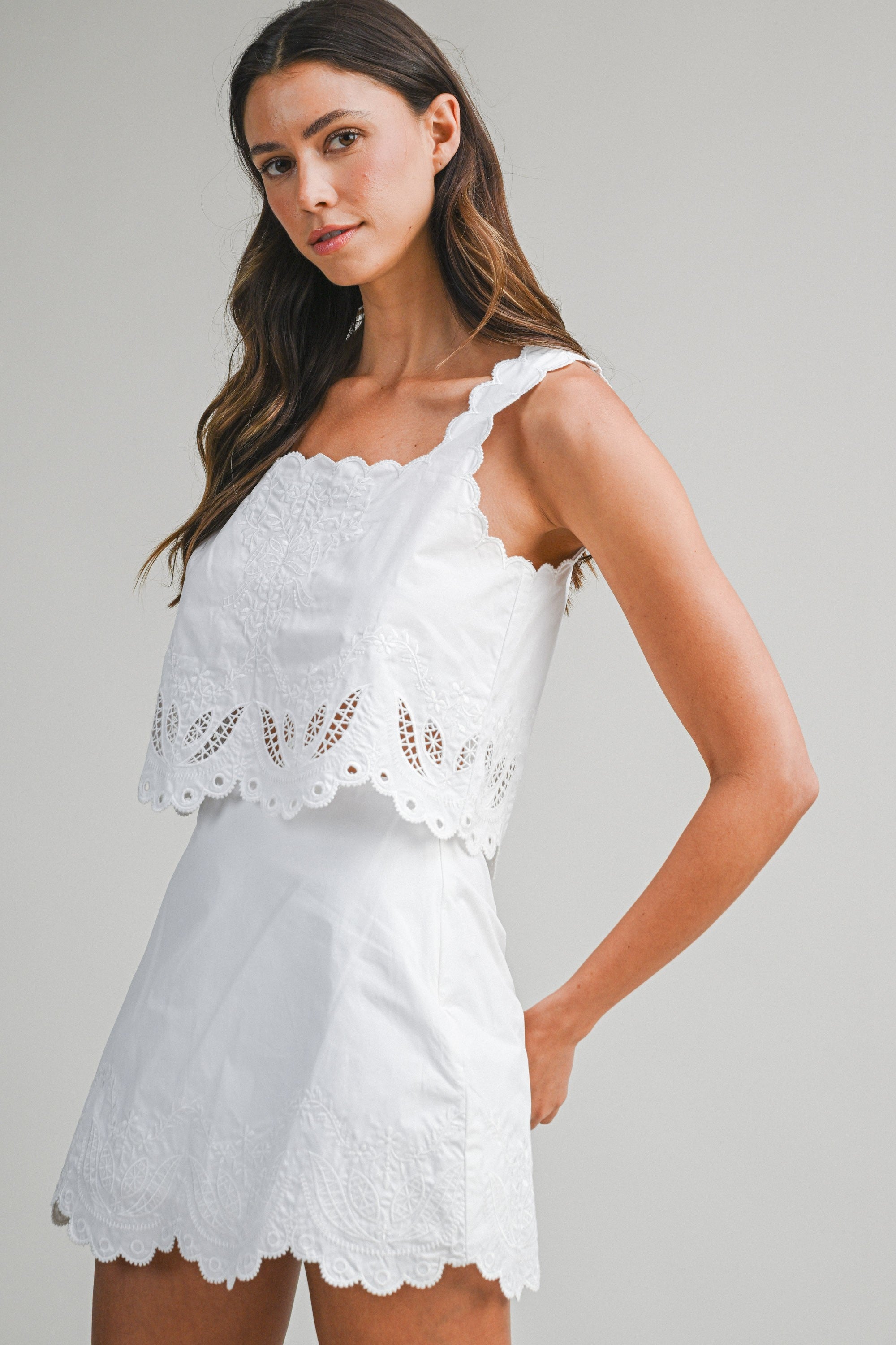 Embroidered Sleeveless Crop Top And Mini Skirt Set