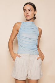 Blue Ruched Mesh Tank Top
