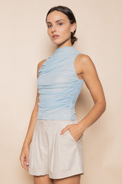 Blue Ruched Mesh Tank Top