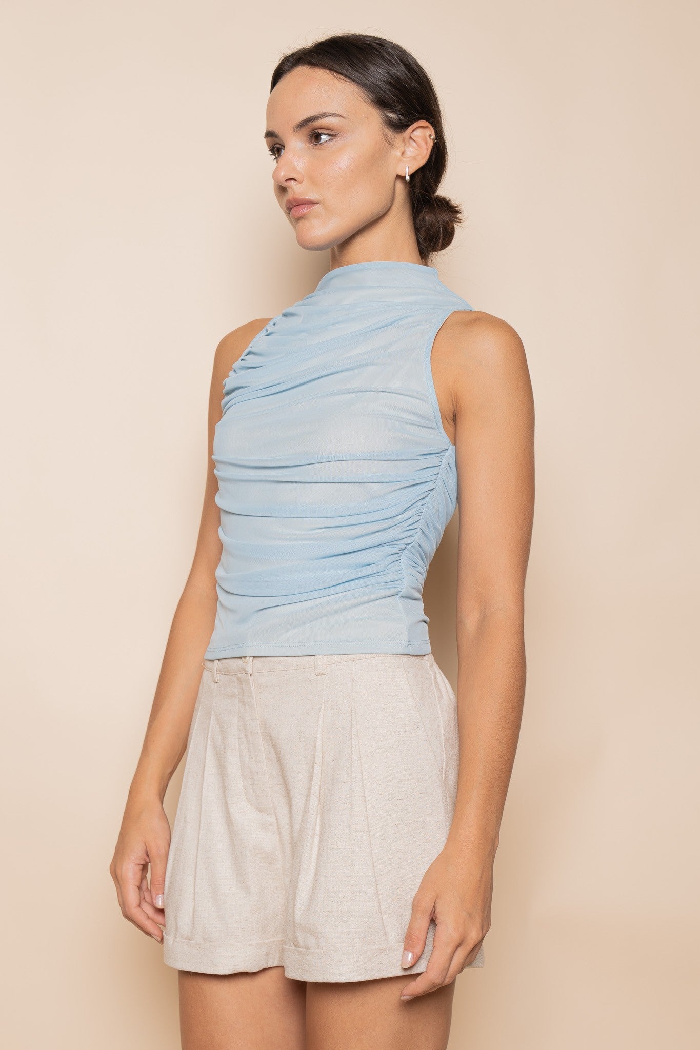Blue Ruched Mesh Tank Top