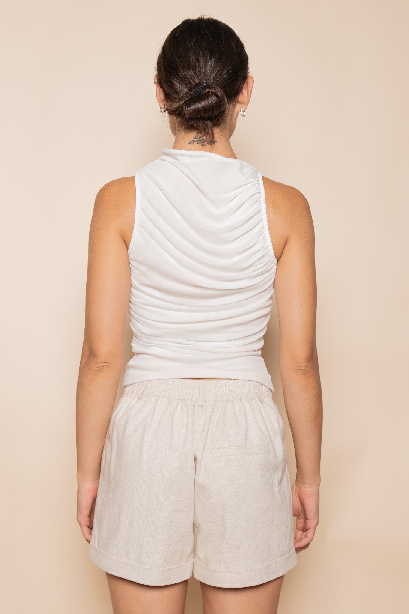 Off White Ruched Mesh Tank Top