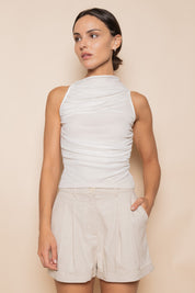 Off White Ruched Mesh Tank Top