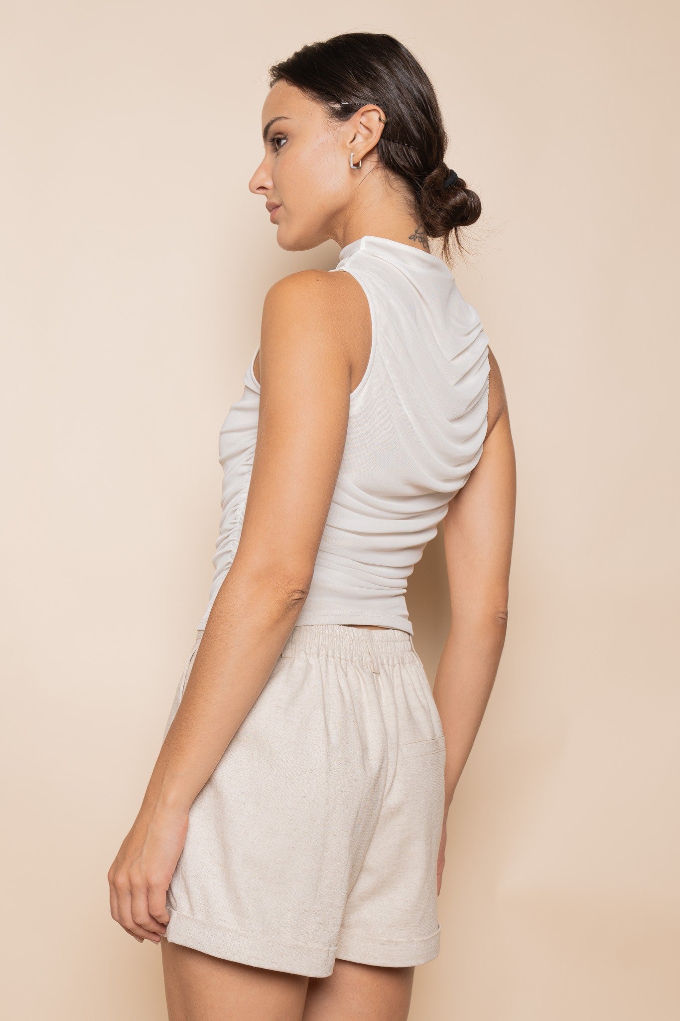 Off White Ruched Mesh Tank Top